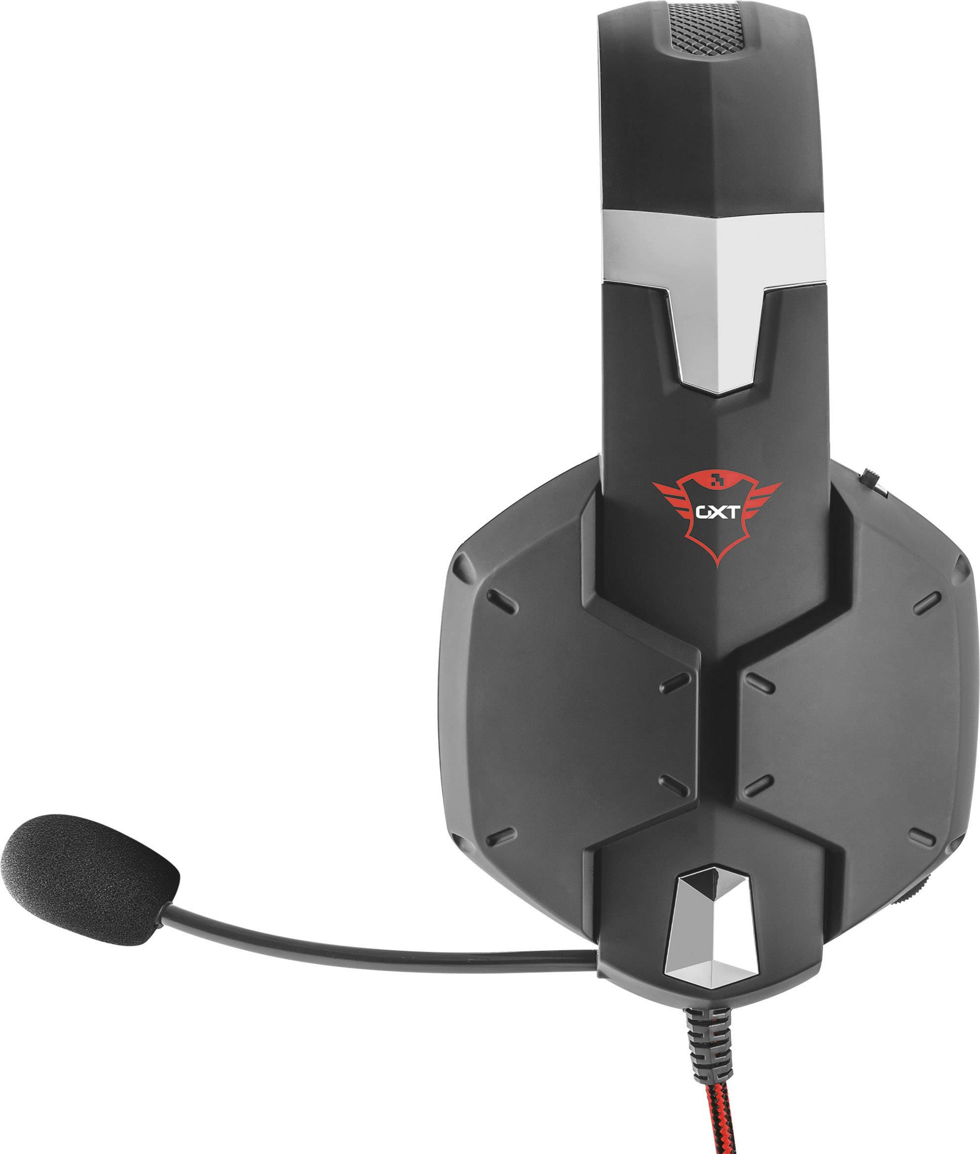 Een zwarte gaming-headset met een microfoon aan de zijkant en een rood logo met de tekst 'GXT' op de oorschelp.