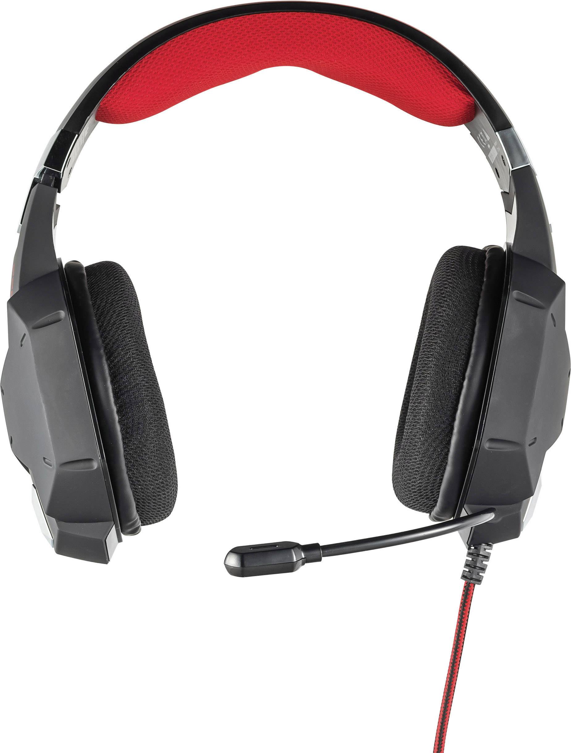 Gaming-headset met kabel met zwarte behuizing en rood hoofdkussen, geïntegreerde microfoonarm en gepolsterde oorschelpen.