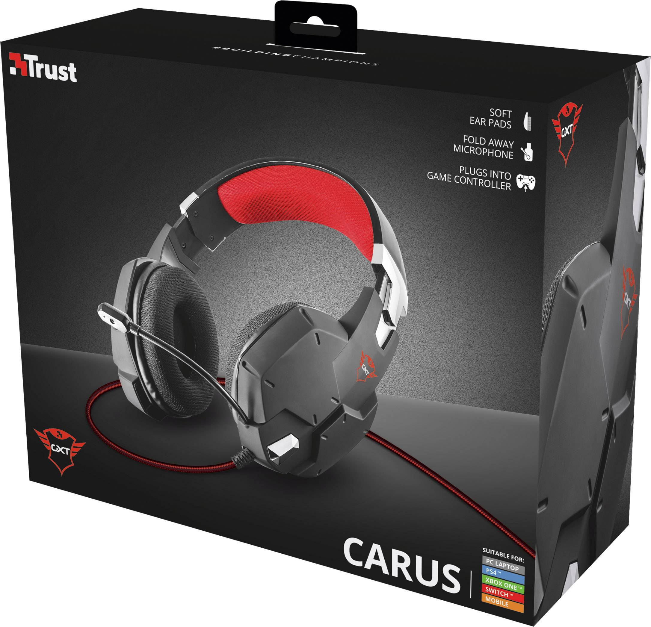 Een Gaming-headset-verpakking van Trust, model 'Carus', met zwart-rood ontwerp, microfoon en eigenschappen zoals zachte oorkussens.