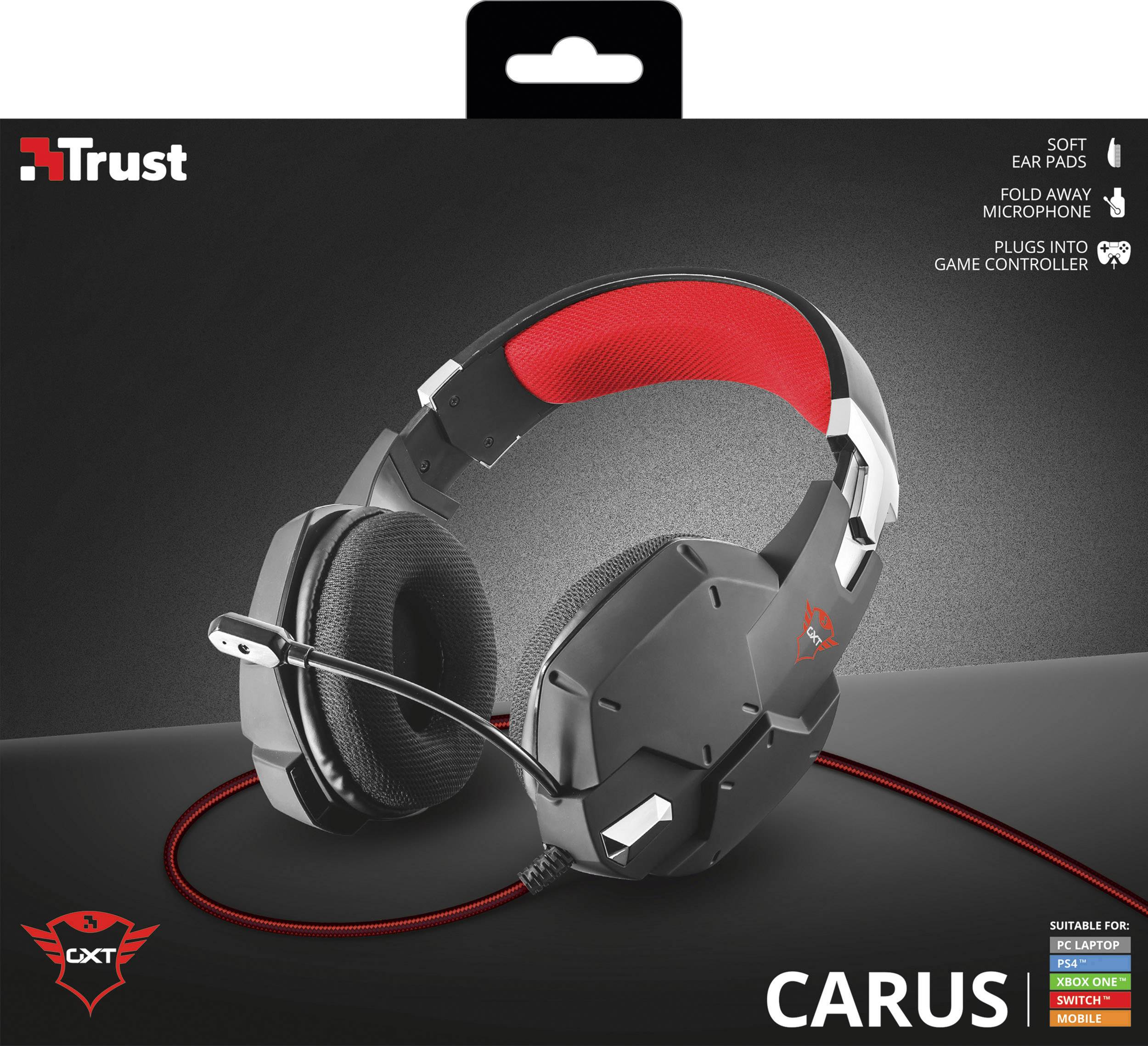 Zwart gaming-headset met rode accenten op de verpakking. Opvallend zachte oorschelpen, inklapbare microfoon en aansluitmogelijkheid op gamecontroller. Merklogo linksboven.