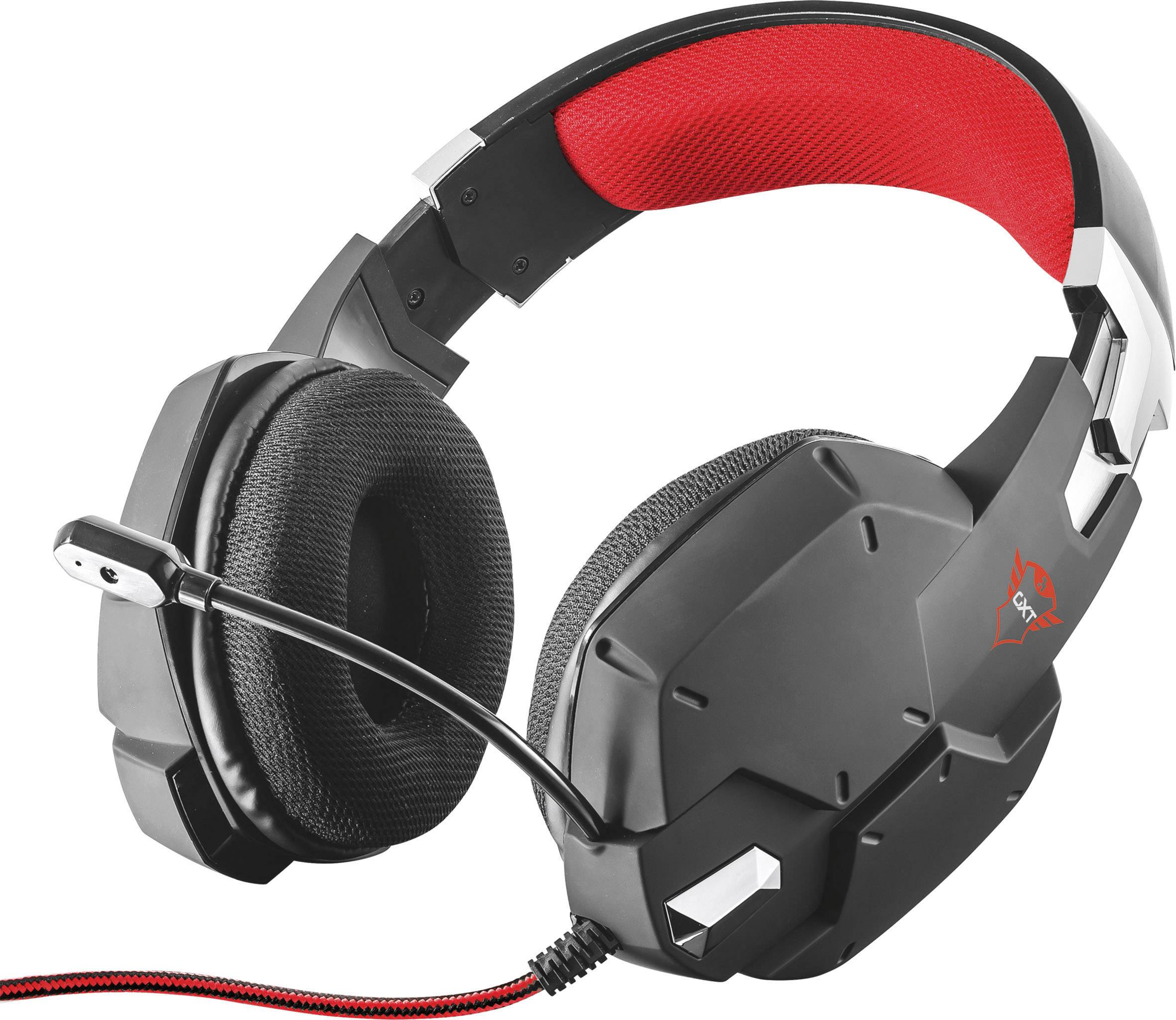 Een zwarte gaming-headset met microfoon en rode accenten. Het heeft grote, gedempteerde oorkussens en een verstelbare hoofdband.