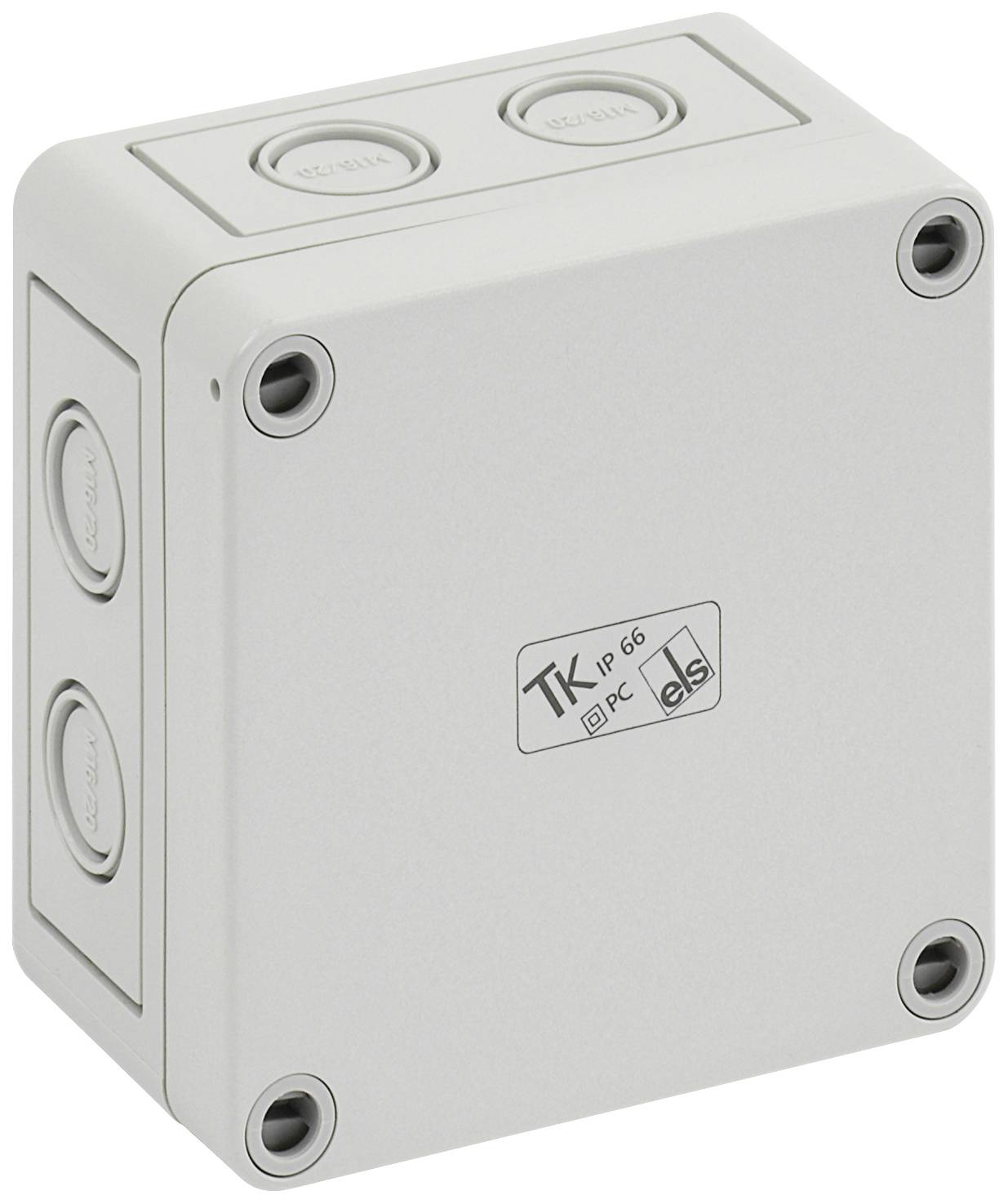 Witte, vierkante aftakdoos met verwijderbare doppen aan de zijkanten. Op de voorkant zijn beschermingsklasse-symbolen en de code 'IP 66' zichtbaar.
