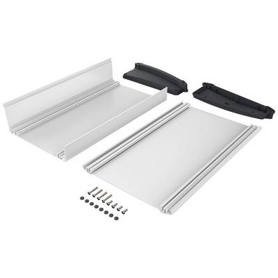 Wit montagesetje met twee kunststofplaten, zwarte eindkappen en schroeven. Bevat alle onderdelen voor eenvoudige bevestiging.