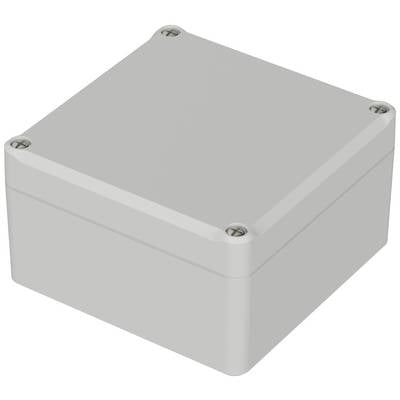 Grijs, vierkant behuizing met afgeronde hoeken en schroeven op de vier hoeken van de bovenkant. Geschikt voor elektronische componenten.