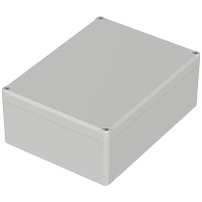 Een rechthoekige, grijze behuizing met schroeven in de hoeken, vermoedelijk bedoeld voor elektronische componenten of beschermende doeleinden.
