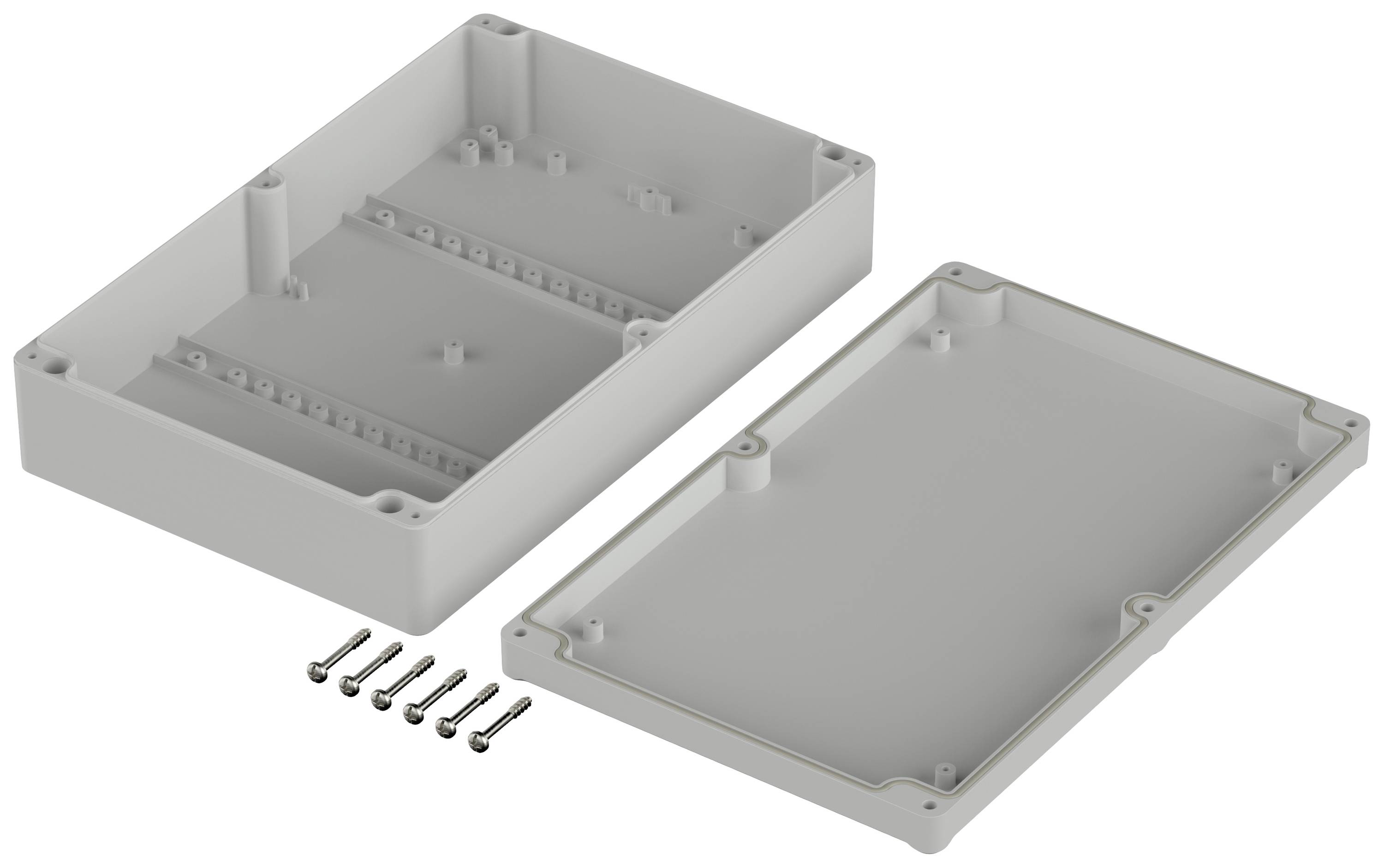 Behuizing van grijs kunststof, bestaande uit twee delen. Zes schroeven liggen ernaast. Geschikt voor elektronische componenten.