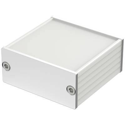 Rechthoekige, witte metalen behuizing met zijdelingse schroeven voor bevestiging. Ideaal voor elektronische componenten of kleine modules.