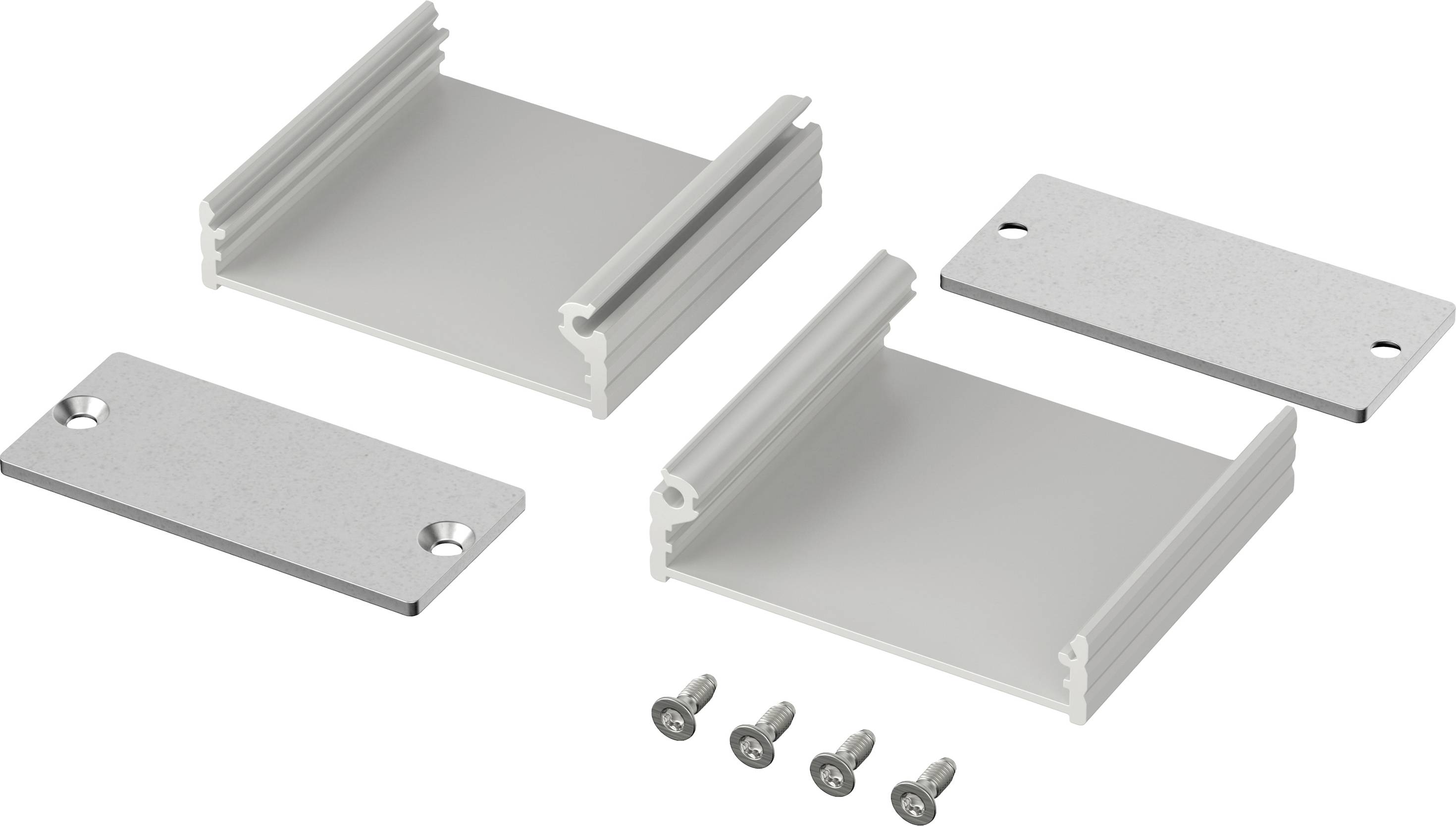 Vier zilveren metalen onderdelen en vier schroeven. De metalen onderdelen bestaan uit twee hoofdlichamen met groeven en twee eindplaten met gaten.