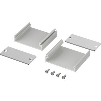 Vier zilveren metalen onderdelen en vier schroeven. De metalen onderdelen bestaan uit twee hoofdlichamen met groeven en twee eindplaten met gaten.
