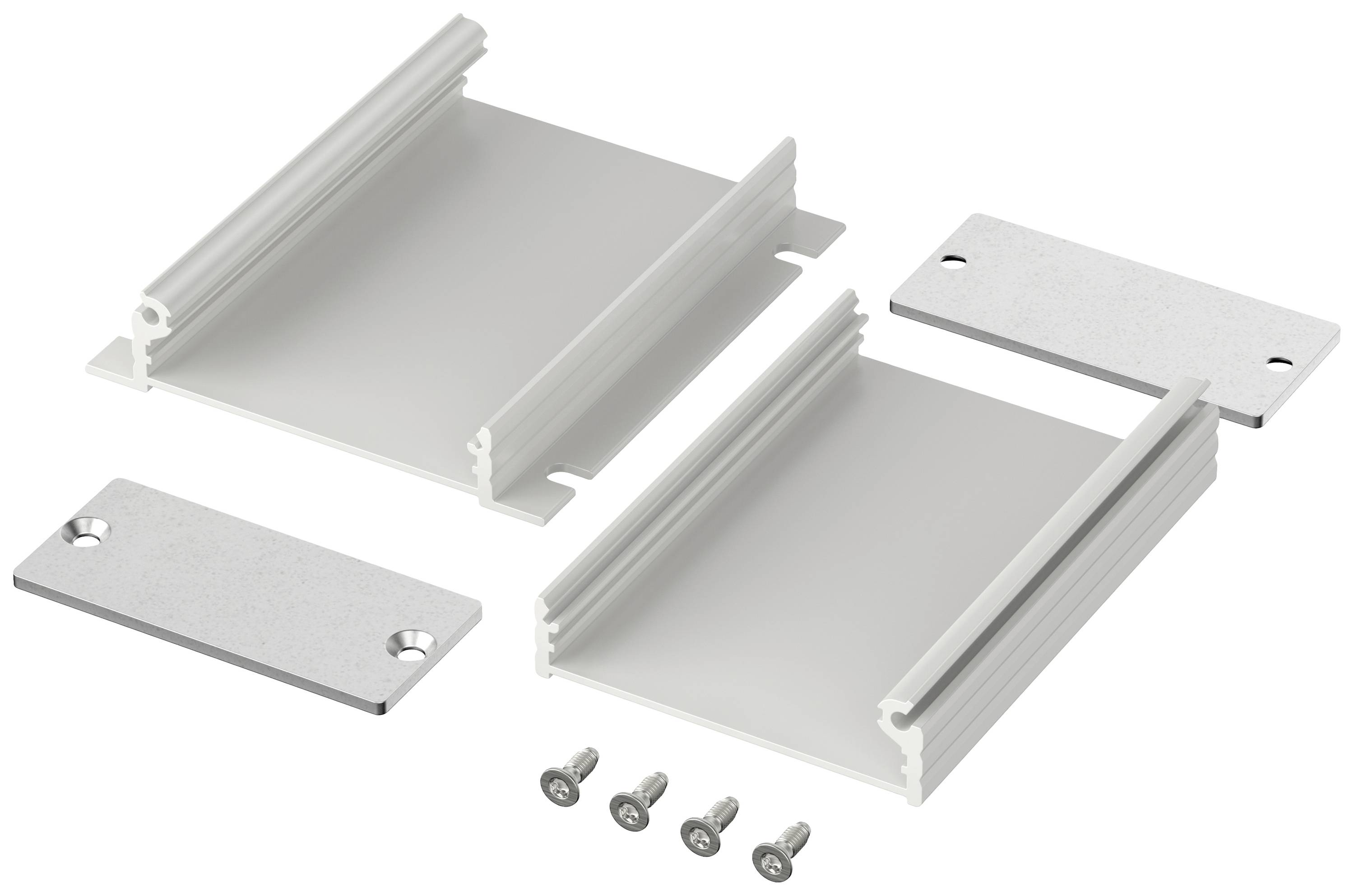 Metalen framekit met schroeven, bestaande uit twee zijpanelen en twee eindplaten. Geschikt voor de montage van elektronische apparaten.