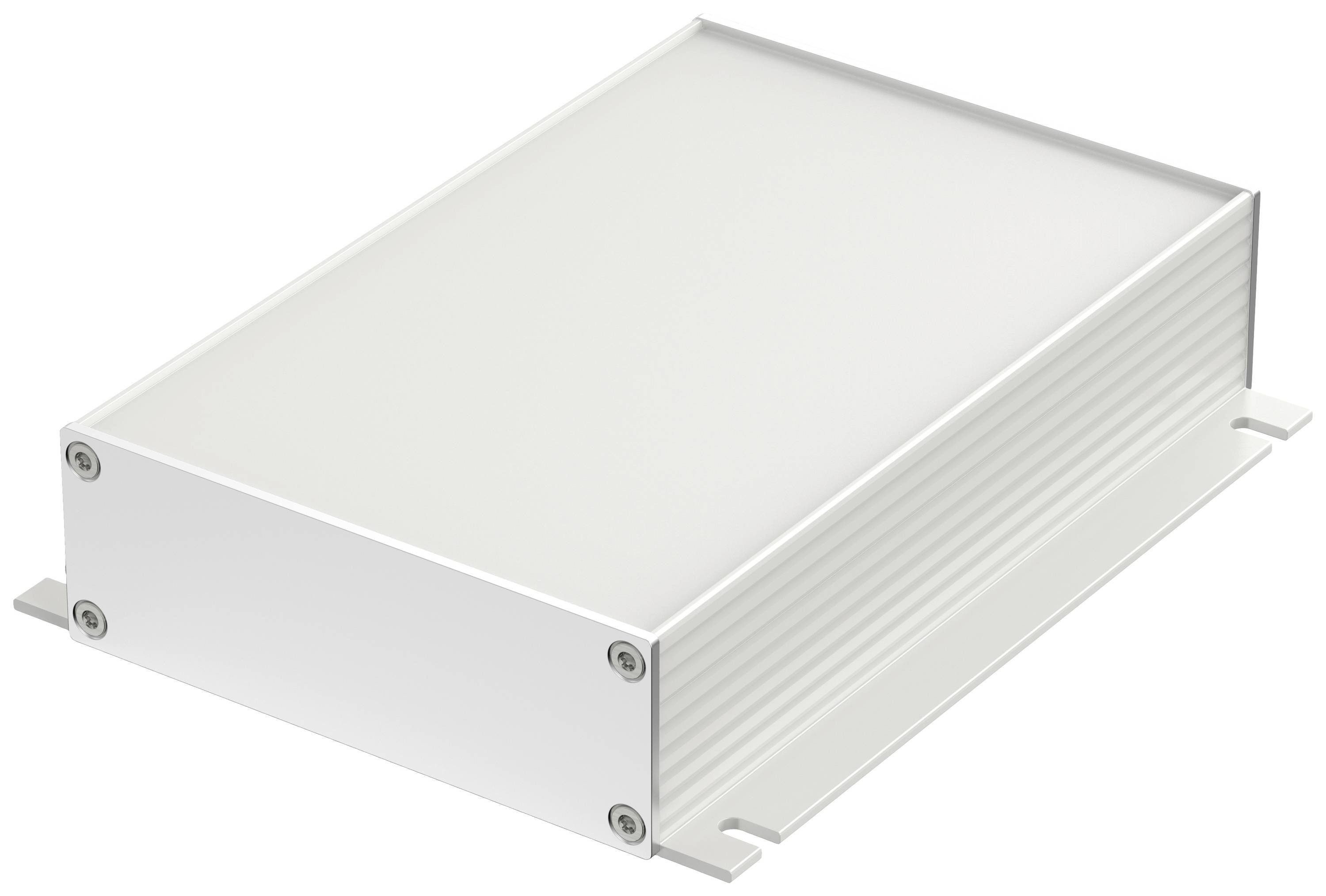 Rechthoekige, witte metalen behuizing met geprofileerde zijkanten en schroeven in de hoeken. Gebruikt voor elektronische componenten.