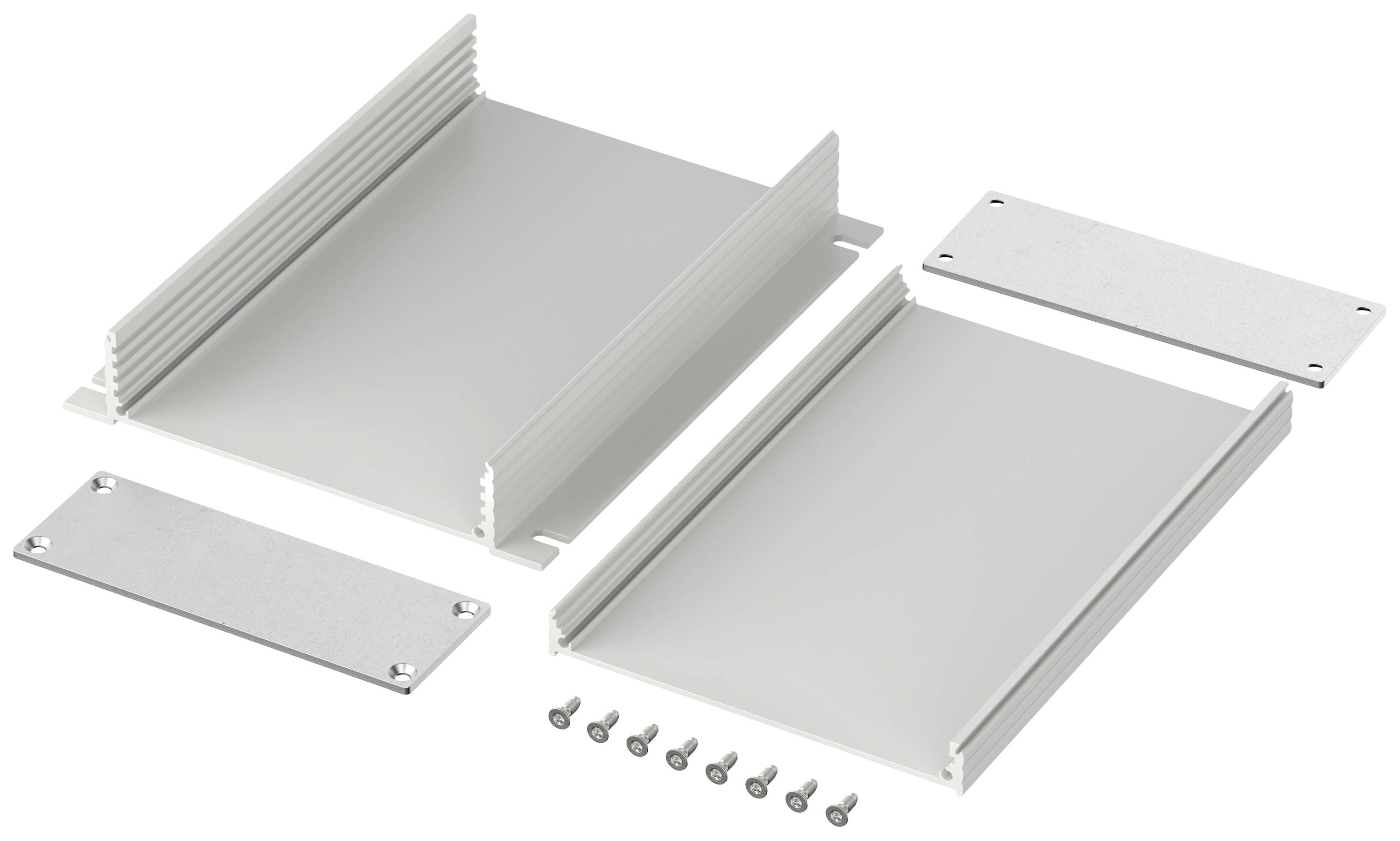 Aluminium behuizingsset bestaande uit twee zijpanelen, boven- en onderdeel, eindplaten en schroeven voor montage.