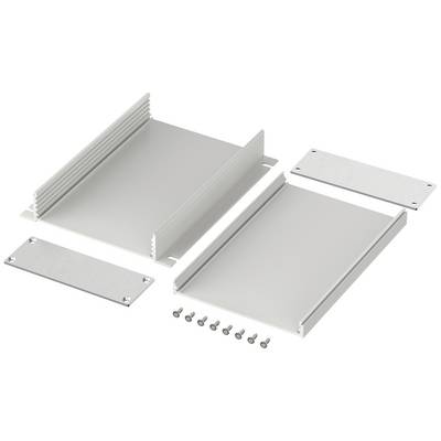 Aluminium behuizingsset bestaande uit twee zijpanelen, boven- en onderdeel, eindplaten en schroeven voor montage.