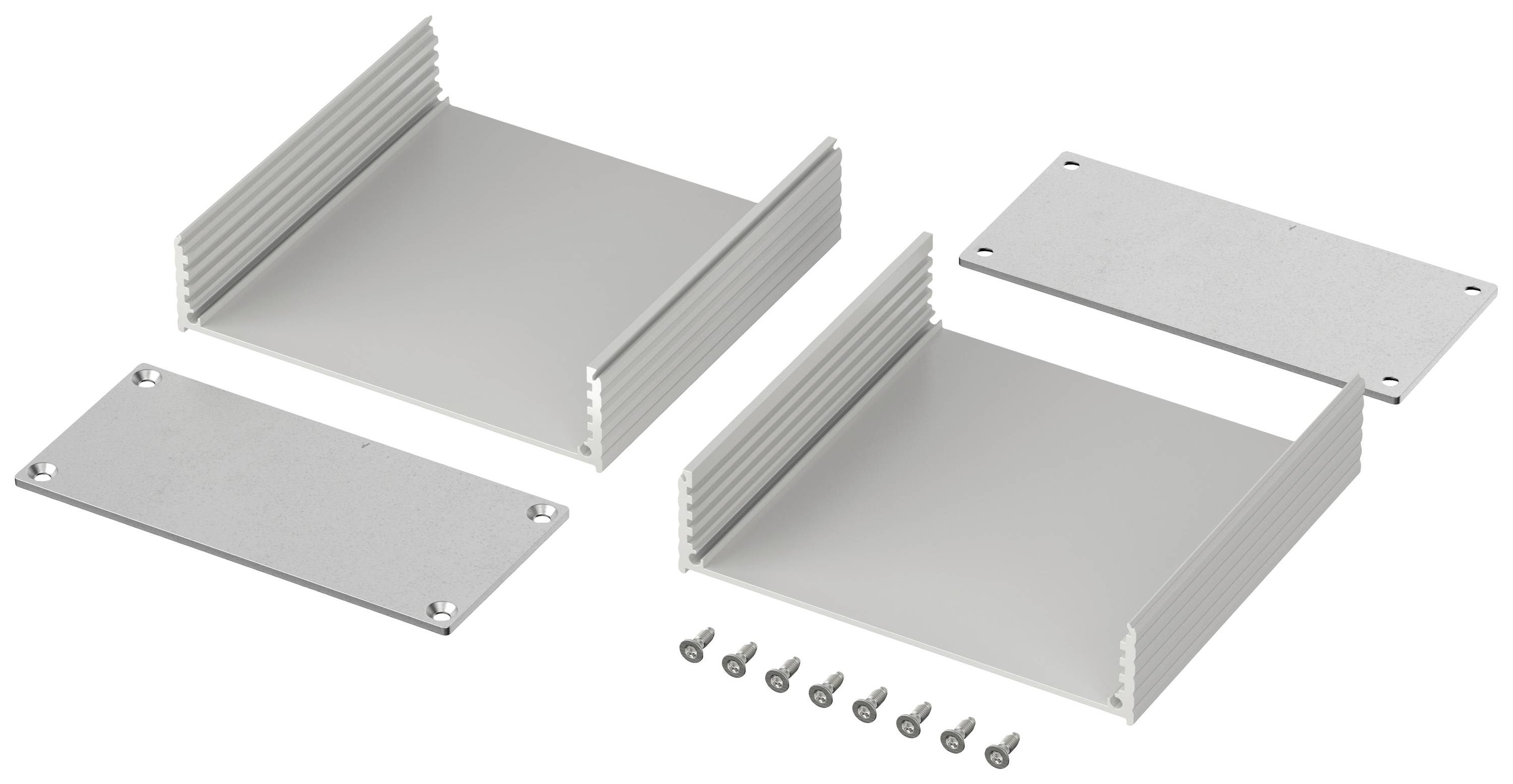 Twee aluminium behuizingen, bestaande uit vier zijpanelen en twee bodemplaten. Acht schroeven zijn bijgevoegd voor bevestiging.
