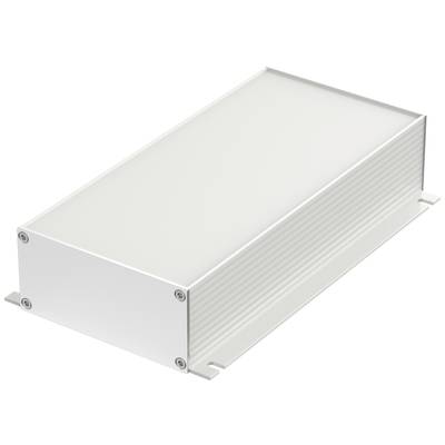 Een rechthoekige, grijze metalen doos met schroeven in de hoeken.
