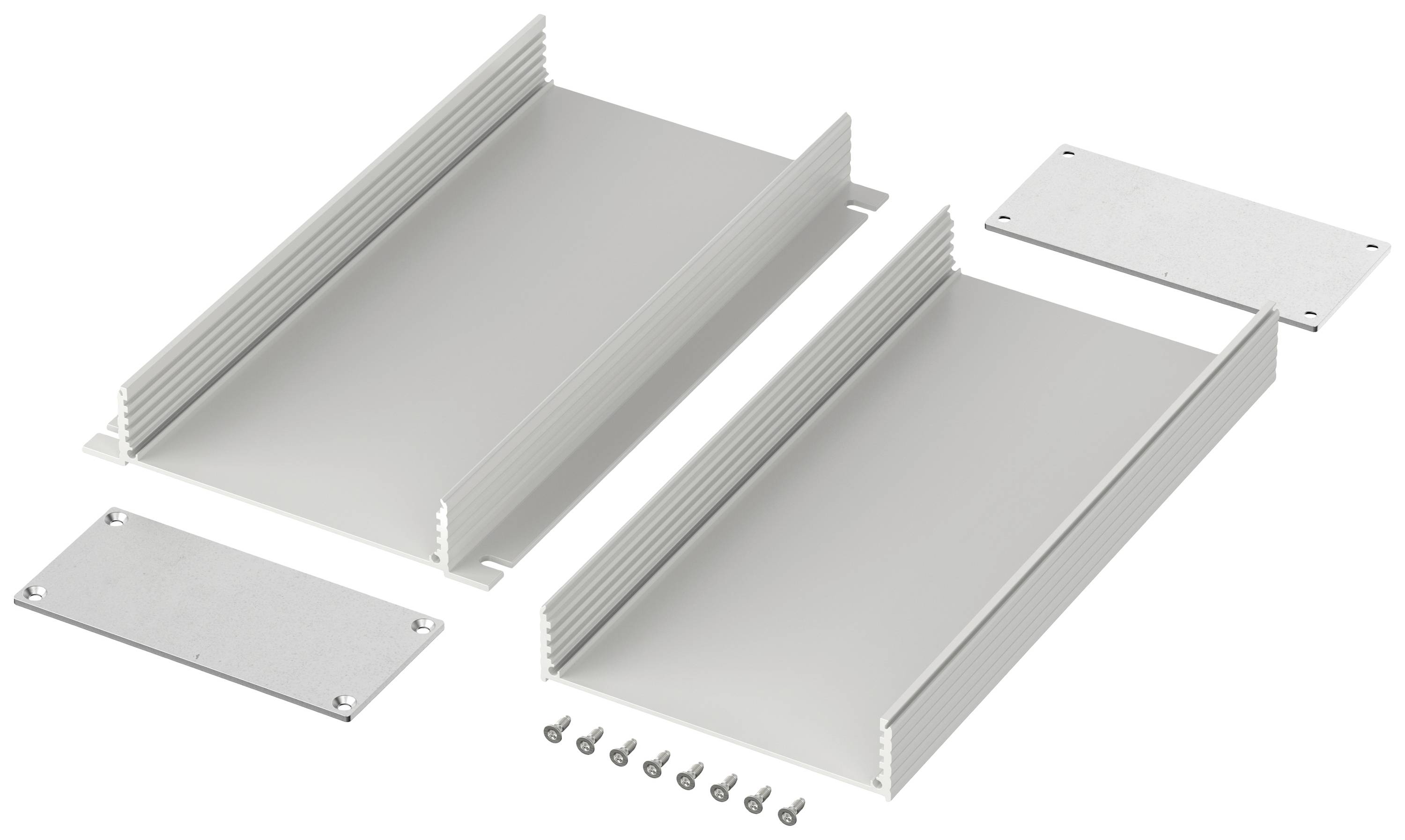 Twee rechthoekige aluminium behuizingen met geribbelde zijden en afneembare deksels, vergezeld van acht schroeven voor montage.