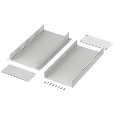 Twee rechthoekige aluminium behuizingen met geribbelde zijden en afneembare deksels, vergezeld van acht schroeven voor montage.