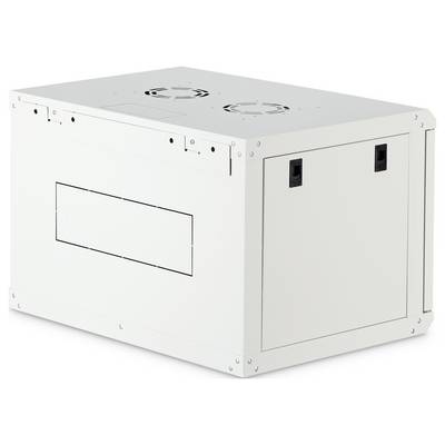 Een witte, rechthoekige industriële behuizing met ventilatoren aan de bovenkant en handgrepen aan de zijkant, ontworpen voor het onderbrengen van elektronische componenten.