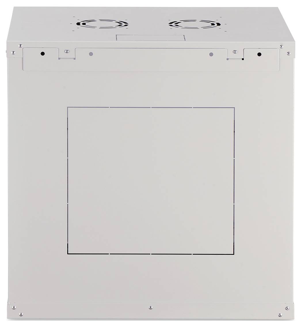Een rechthoekige metalen serverrack-kast met ventilatieventilators bovenop, gezien van de voorkant, met een minimalistisch ontwerp.