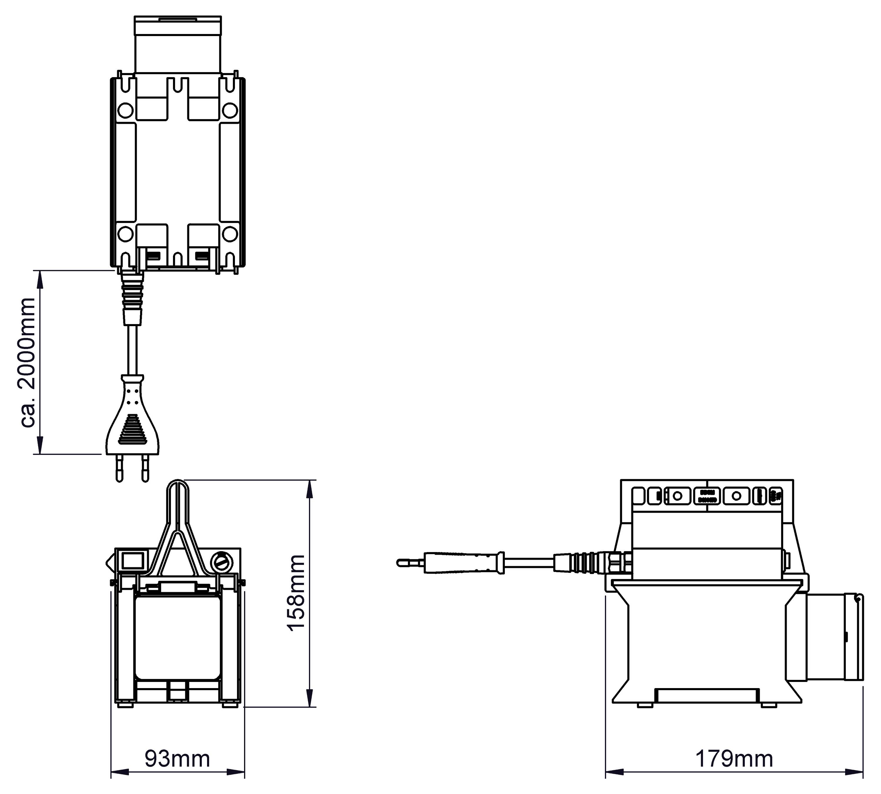 'Technische tekening van een elektrisch apparaat met afmetingen: hoogte 158mm, breedte 93mm, lengte 179mm. Kabellengte ongeveer 2000mm.'
