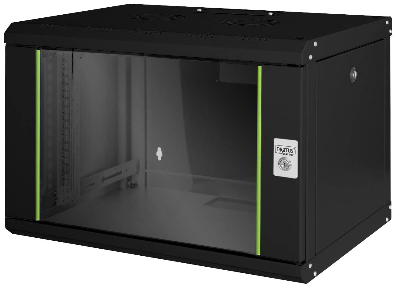 Zwart 19-inch netwerkkasten-wandbehuizing, met glazen deur en groen streepjesdesign, geschikt voor veilige opslag van servers en IT-apparatuur.