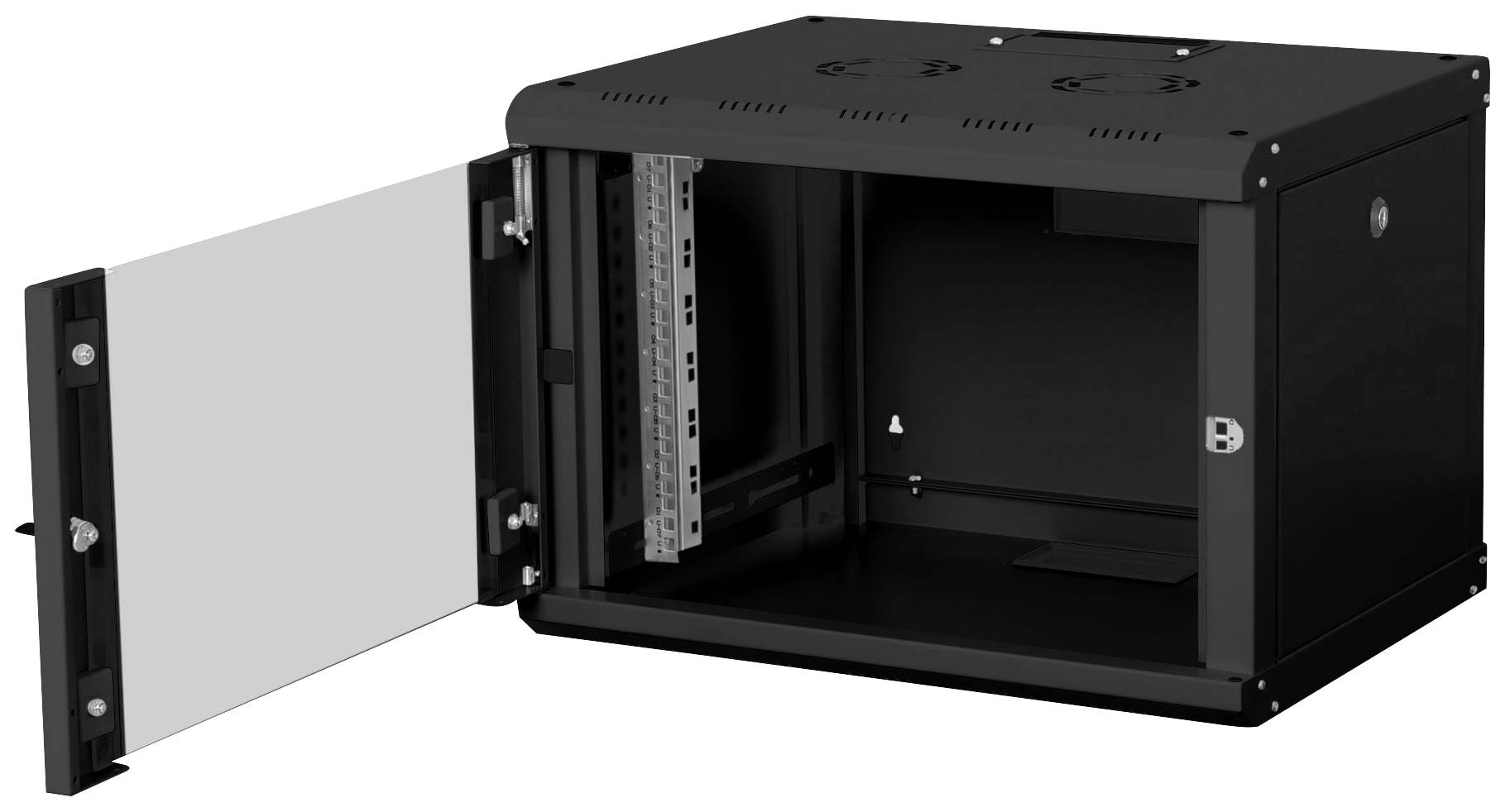 Een zwarte, open wandkast met transparante glazen deur, geschikt voor het plaatsen van netwerk- of serverapparatuur.