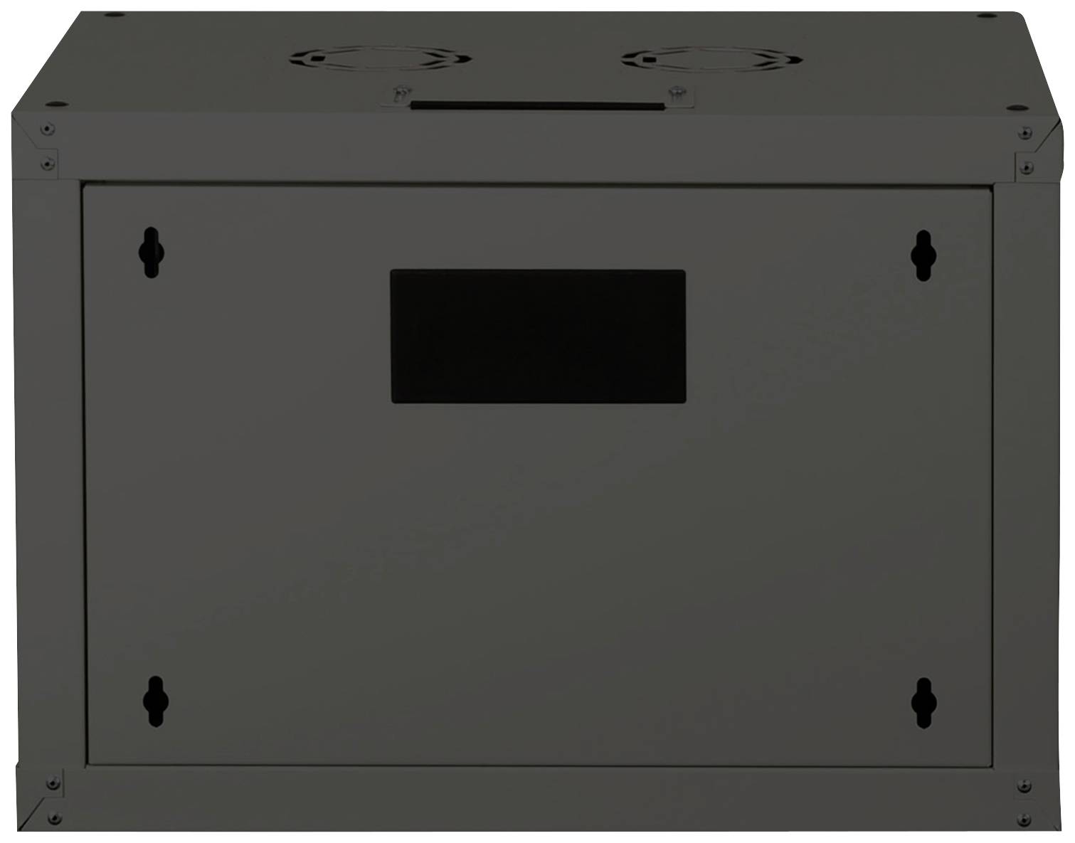 Een grijze metalen kast met ventilatieopeningen bovenaan en een zwart rechthoekig oppervlak in het midden van de voorkant.