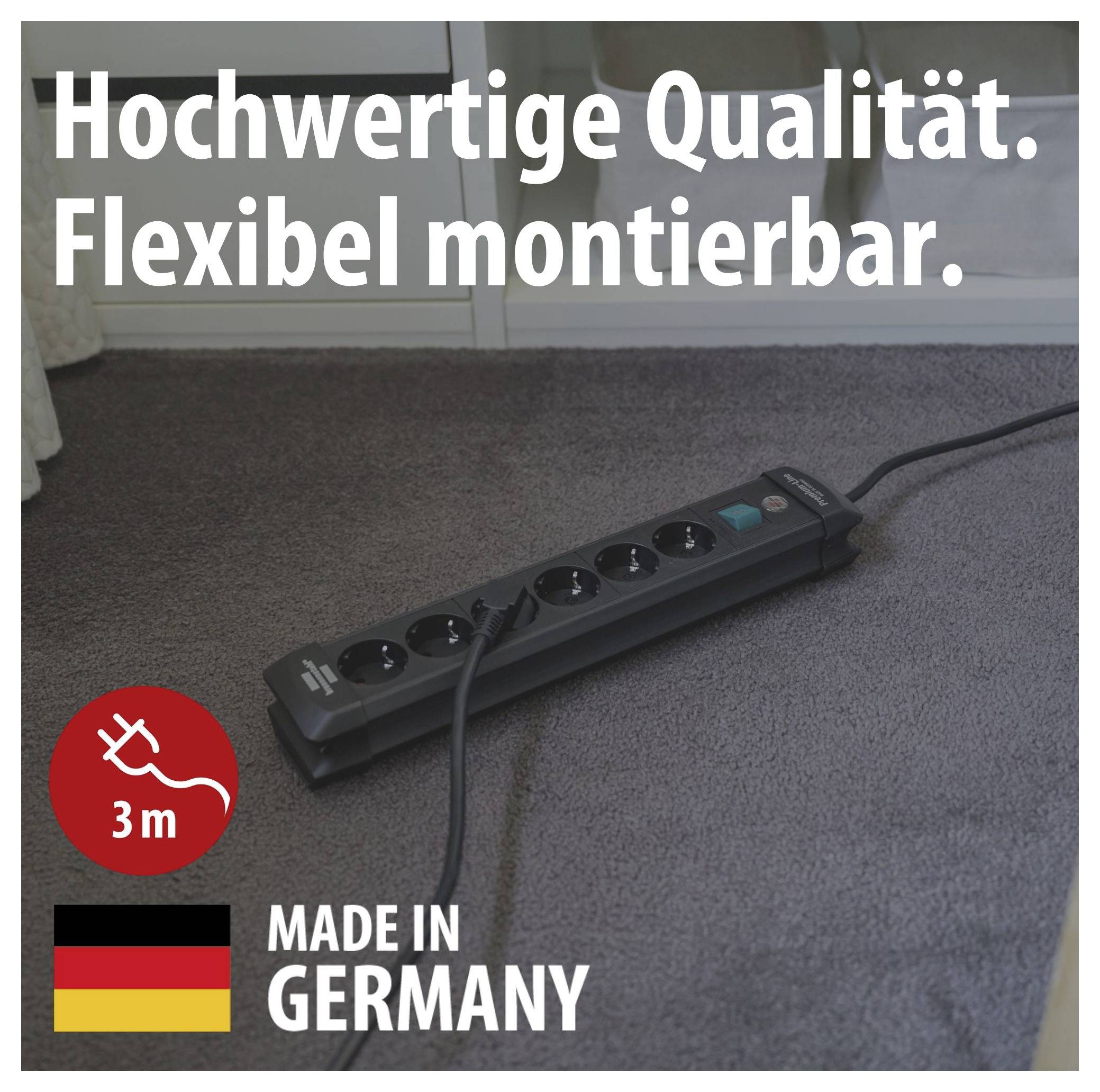 Zwart stekkerdoos op tapijt met kabel; Tekst: 'Hoogwaardige kwaliteit. Flexibel monteerbaar.', 3 m, 'Gemaakt in Duitsland'.