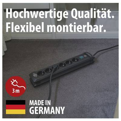 Zwart stekkerdoos op tapijt met kabel; Tekst: 'Hoogwaardige kwaliteit. Flexibel monteerbaar.', 3 m, 'Gemaakt in Duitsland'.