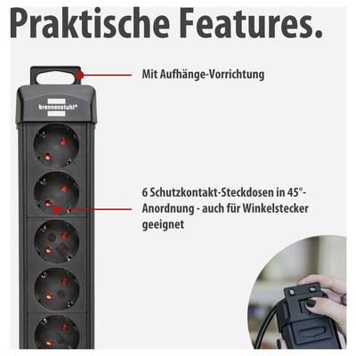 Meervoudige stekkerdoos met ophangvoorziening en 6 veiligheidsstekkercontacten in 45°-opstelling, ook geschikt voor hoekstekkers.