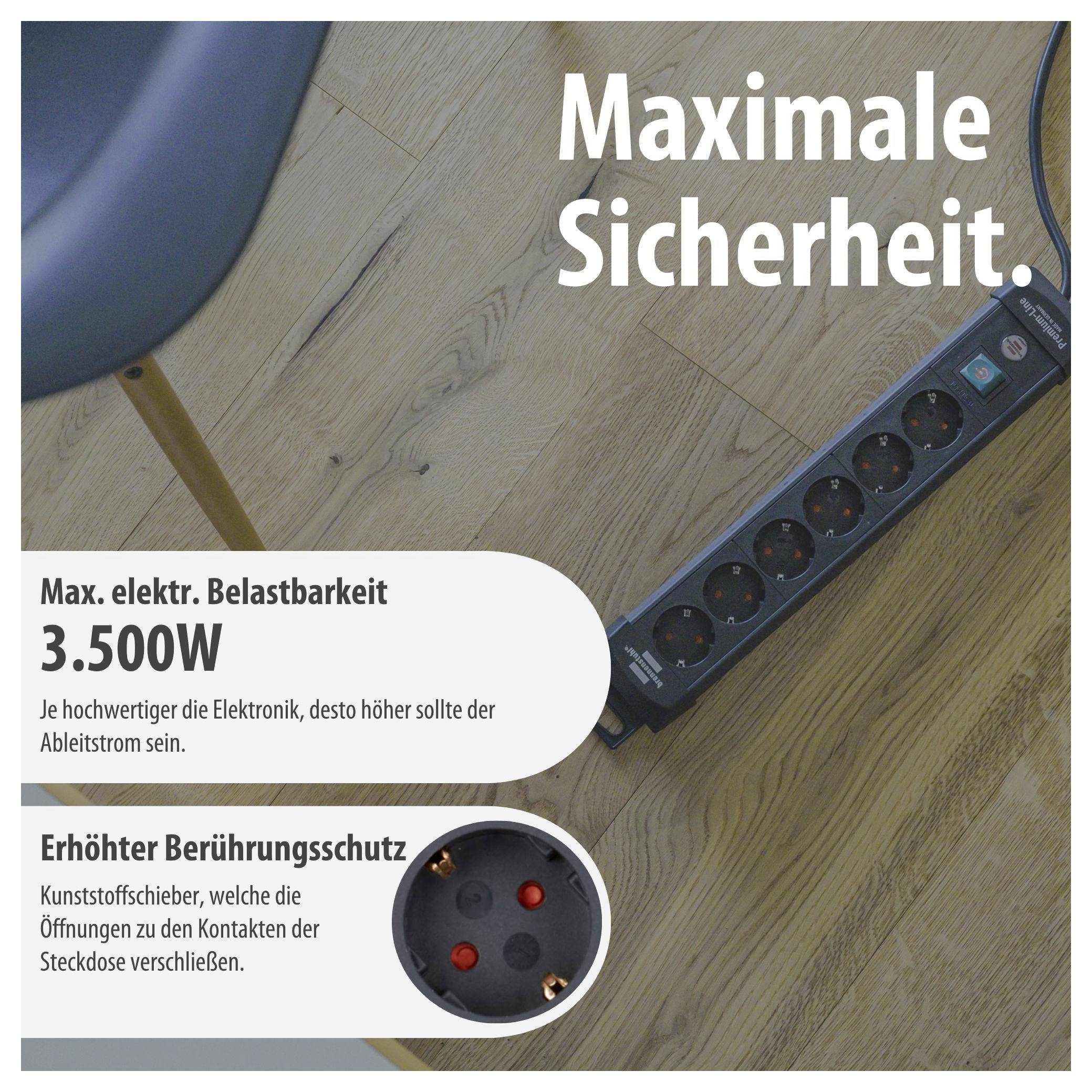 Reclame voor een stekkerdoos op houten vloer met tekst 'Maximale veiligheid', 3.500 W belastbaarheid en verhoogde aanraakbeveiliging door kinderslot.