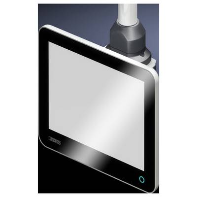 Een zwarte, vierkante touchscreen-monitor met zilveren rand, gemonteerd aan een witte, cilindrische arm.