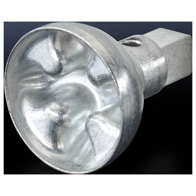 Metalen onderdeel met gestructureerde curves op het oppervlak, cilindrische vorm met hoekig uiteinde, gefotografeerd tegen een donkere achtergrond.