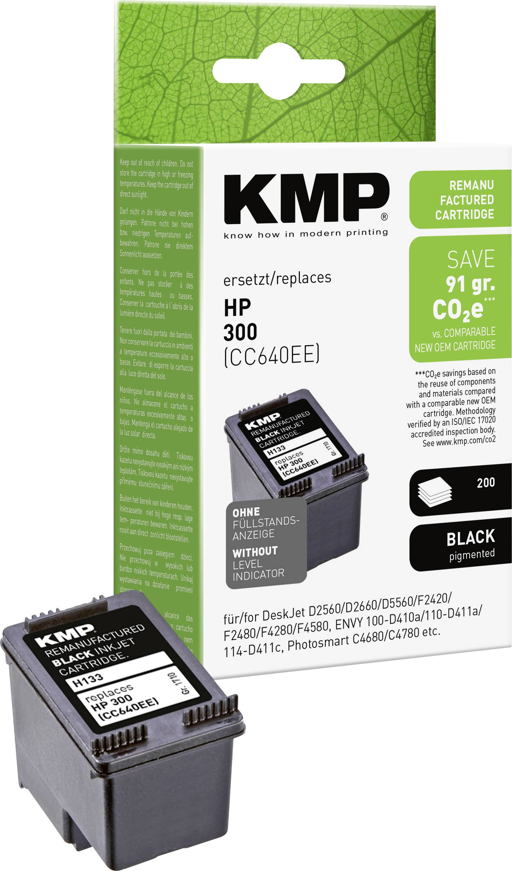 KMP vervangingsverpakking zwarte inktcartridge voor HP 300 (CC640EE), met een cartridge afgebeeld voor de doos en een label 'bespaar 91 g CO2e'.
