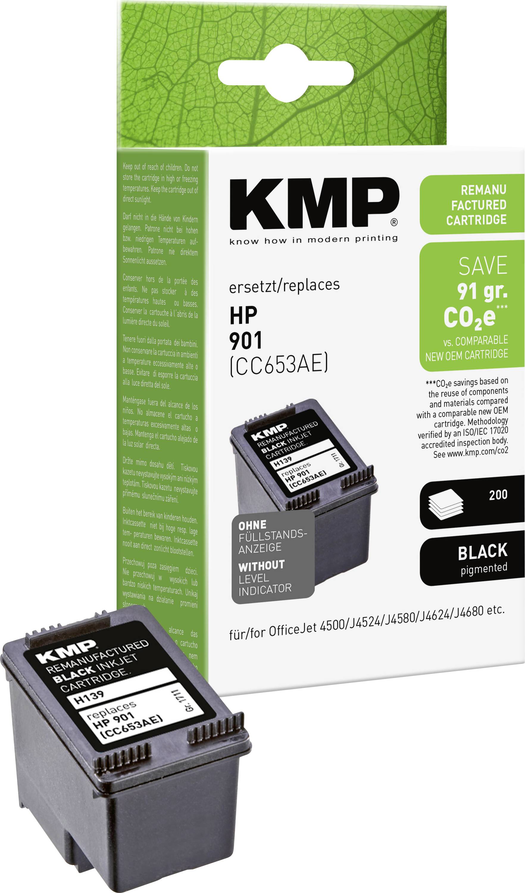 KMP geremanufactureerde zwarte inktcartridge verpakking voor HP 901/CC653AE, met afbeelding van de cartridge en de claim 'BESPAAR 91 gr. CO2e'.