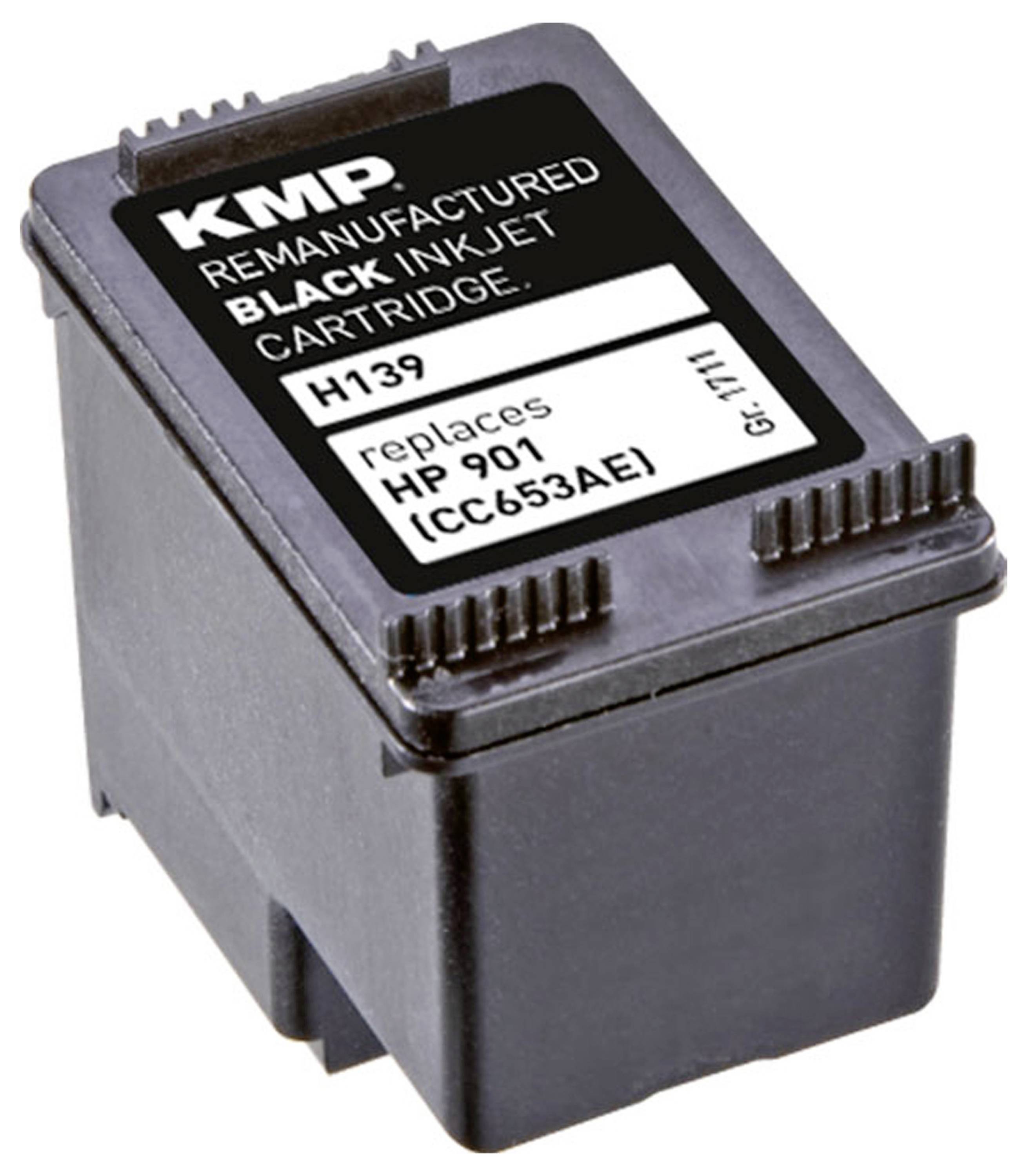Zwarte geremanufactureerde inktjetcartridge gelabeld met 'KMP' en 'HP 901 [CC653AE]' op een witte achtergrond.
