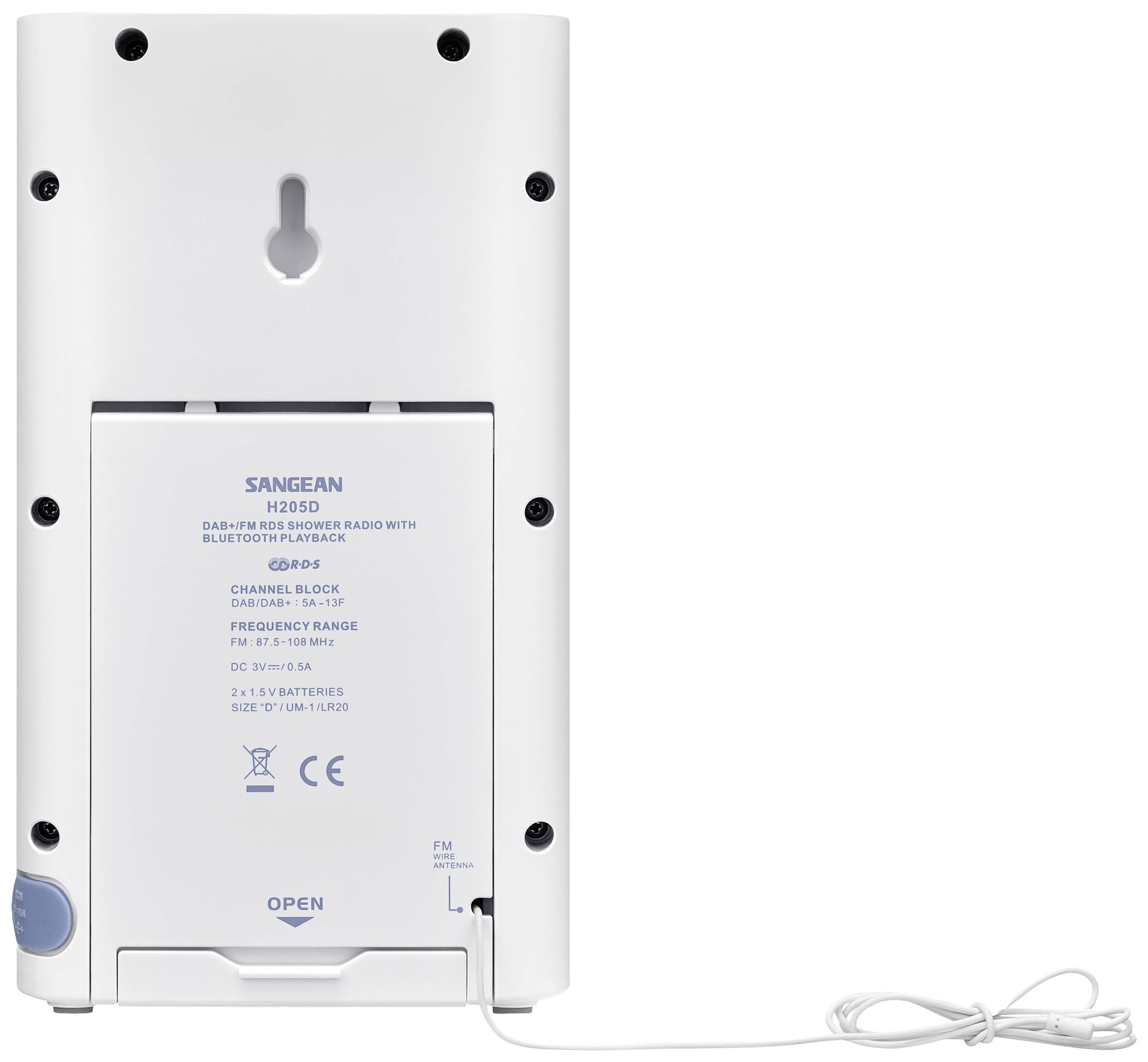 Achteraanzicht van een wit draagbaar radio met batterijvak en antennekabel. Tekst op de achterkant vermeldt model en technische specificaties.