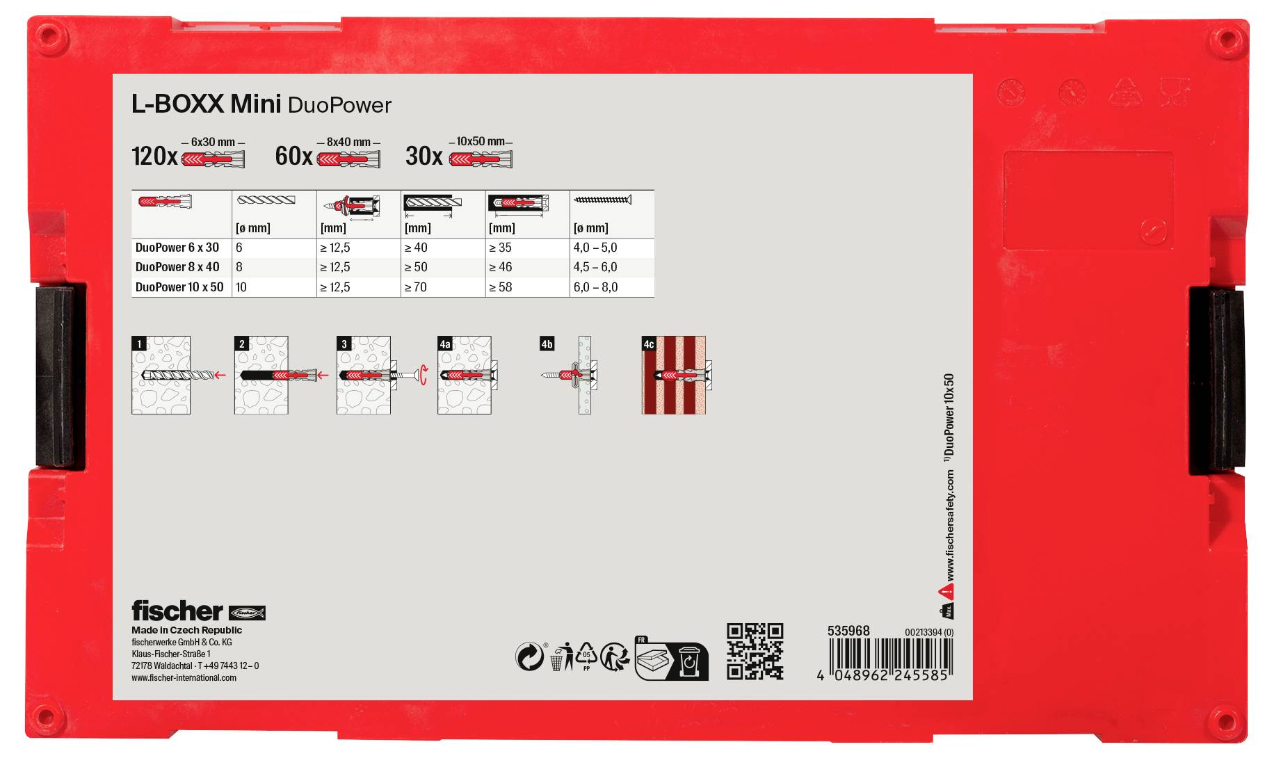 Fischer L-BOXX Mini DuoPower bevat 120 pluggen 6x30 mm, 60 pluggen 8x40 mm, 30 pluggen 10x50 mm. Toepassingen en materialen geïllustreerd.