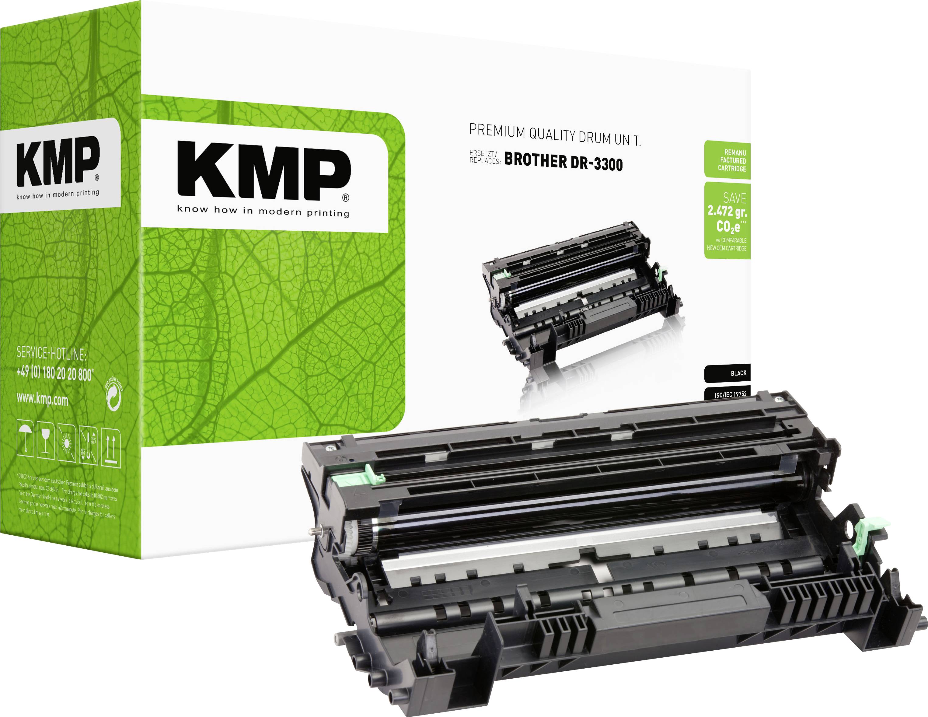 KMP premiumkwaliteit trommelunit voor Brother DR-3300, weergegeven met productdoos en zwarte tonercartridge voor trommel