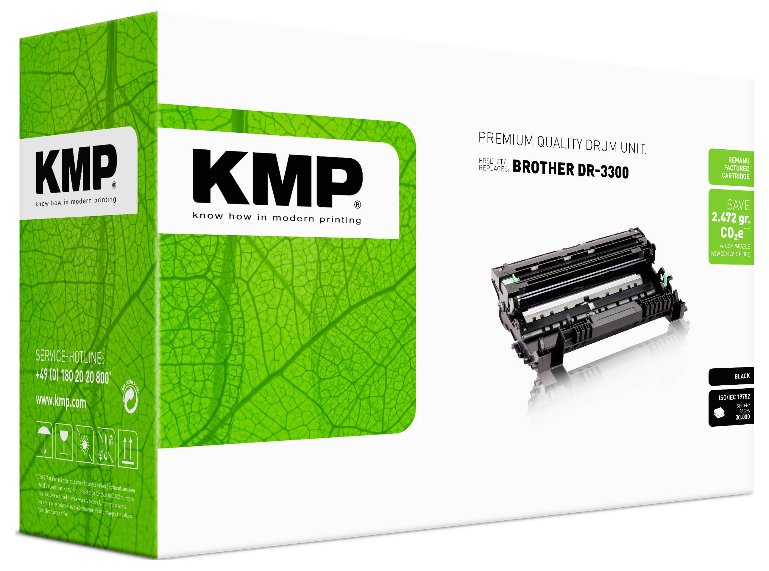 KMP-merkverpakking voor een vervangingstrommeleenheid van premiumkwaliteit voor Brother DR-3300, weergegeven op een groen-wit doosje met productafbeelding en eco-besparingslabel.