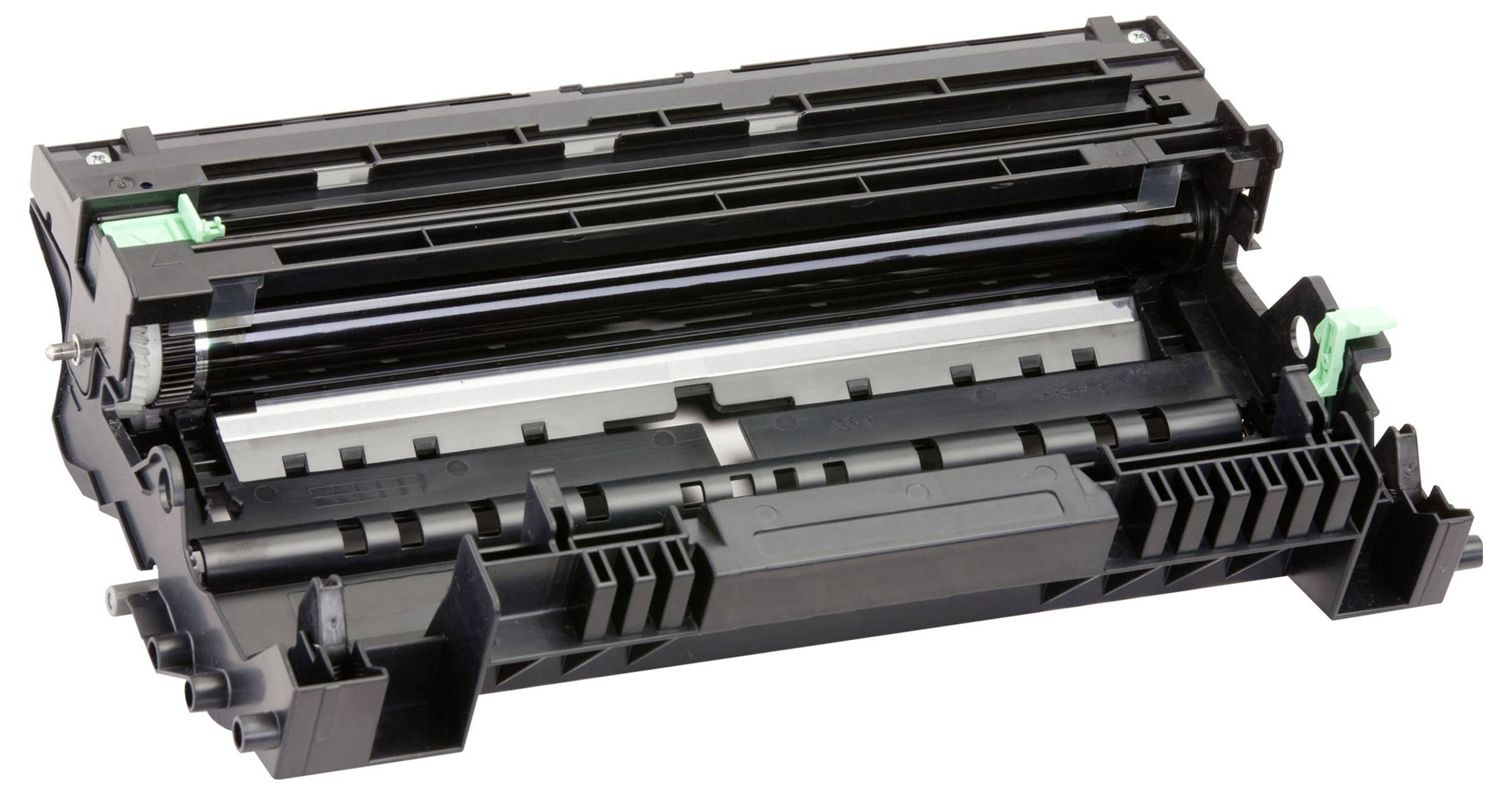 Zwart printertoner-/drumcartridge weergegeven op een witte achtergrond, met zichtbare interne rollen en groene tabbladen.