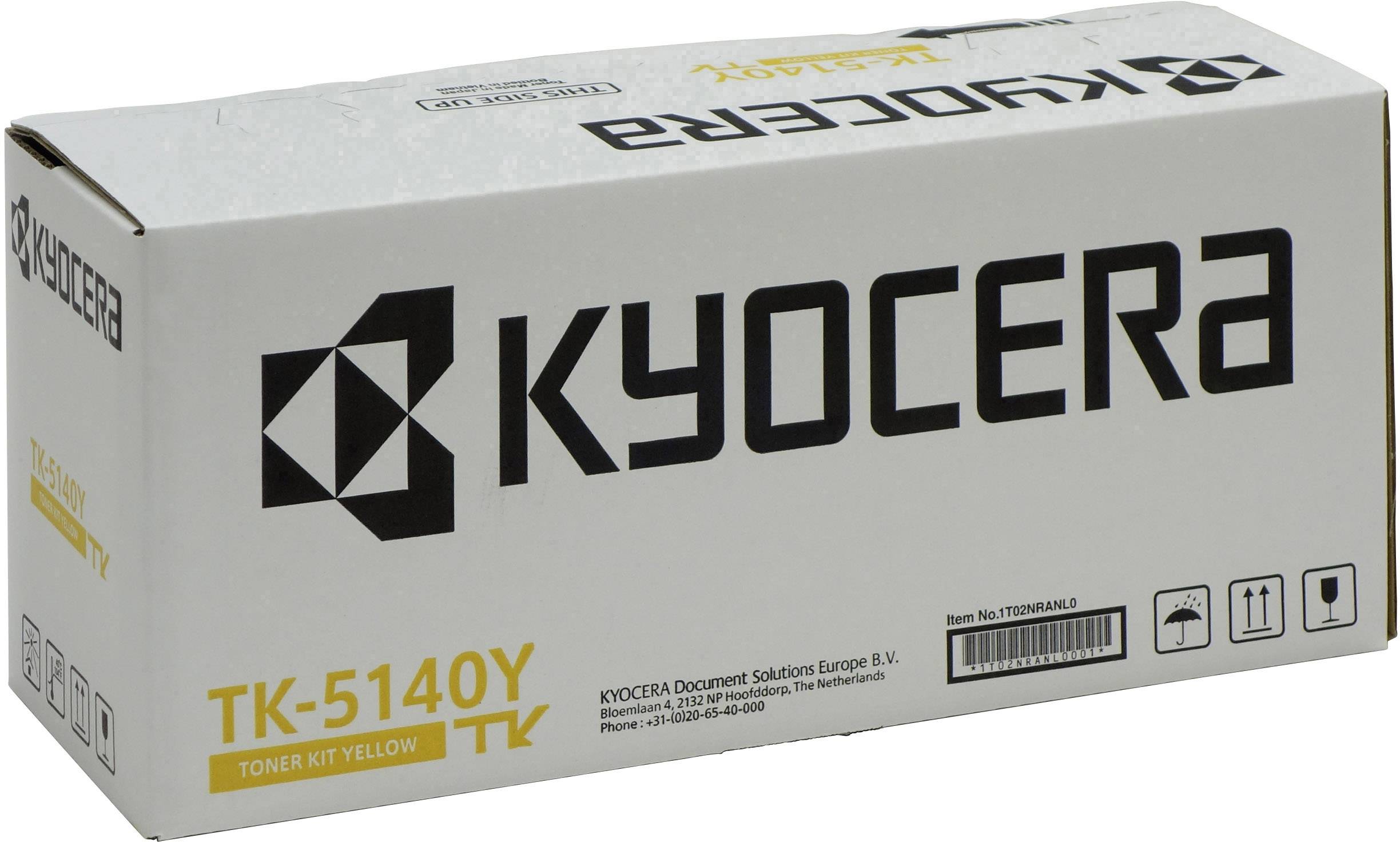 Kyocera TK-5140Y Tonercassette Geel, kartonnen verpakking met logo en productinformatie voor een printertonerkit.