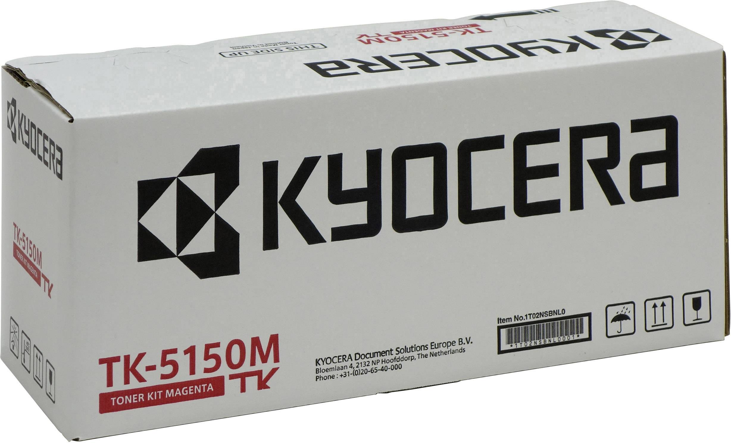 Kyocera TK-5150M Tonerbox in het wit met zwart logo en rode tekstopdruk. Bevat magenta toner voor printer.