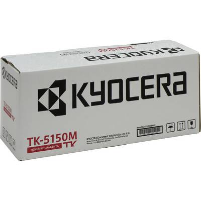 Kyocera TK-5150M Tonerbox in het wit met zwart logo en rode tekstopdruk. Bevat magenta toner voor printer.