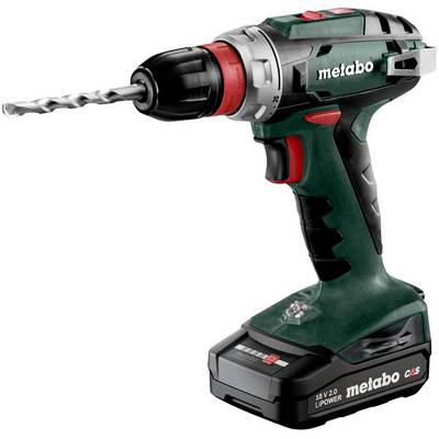 Draadloze Metabo boor met boorbit, weergegeven op een witte achtergrond.