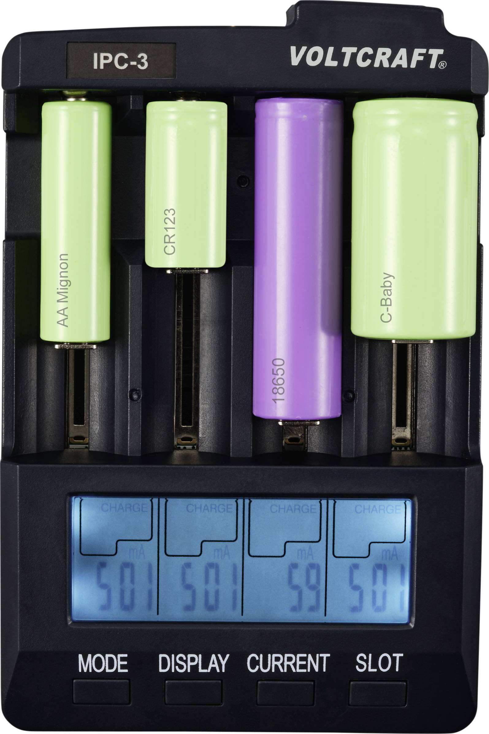 Batterijlader met vier verschillende batterijen. Digitale weergave toont laadparameters zoals modus, display, stroomsterkte en slotpositie.