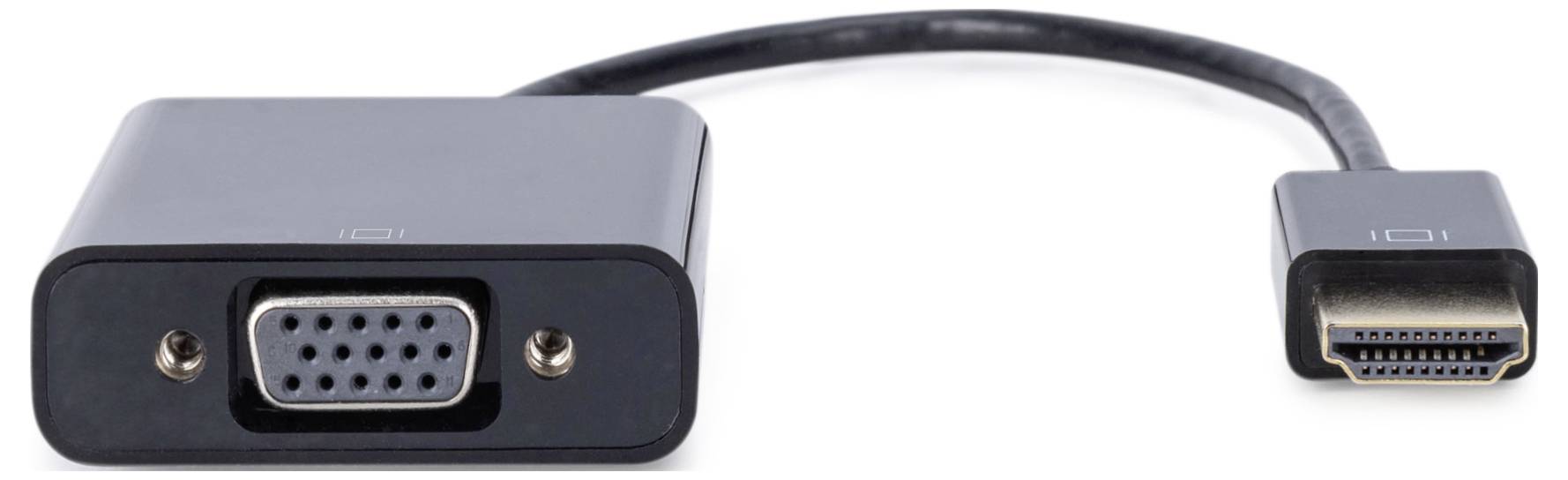 Een zwarte adapter met een VGA-aansluiting aan de linkerkant en een HDMI-stekker aan de rechterkant, verbonden door een kort kabel.