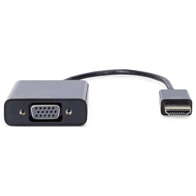 Een zwarte adapter met een VGA-aansluiting aan de linkerkant en een HDMI-stekker aan de rechterkant, verbonden door een kort kabel.