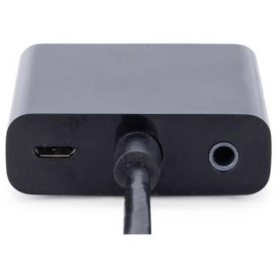 Zwarte adapter met USB-aansluiting en audiopoort, zichtbaar aan de aansluitzijde.