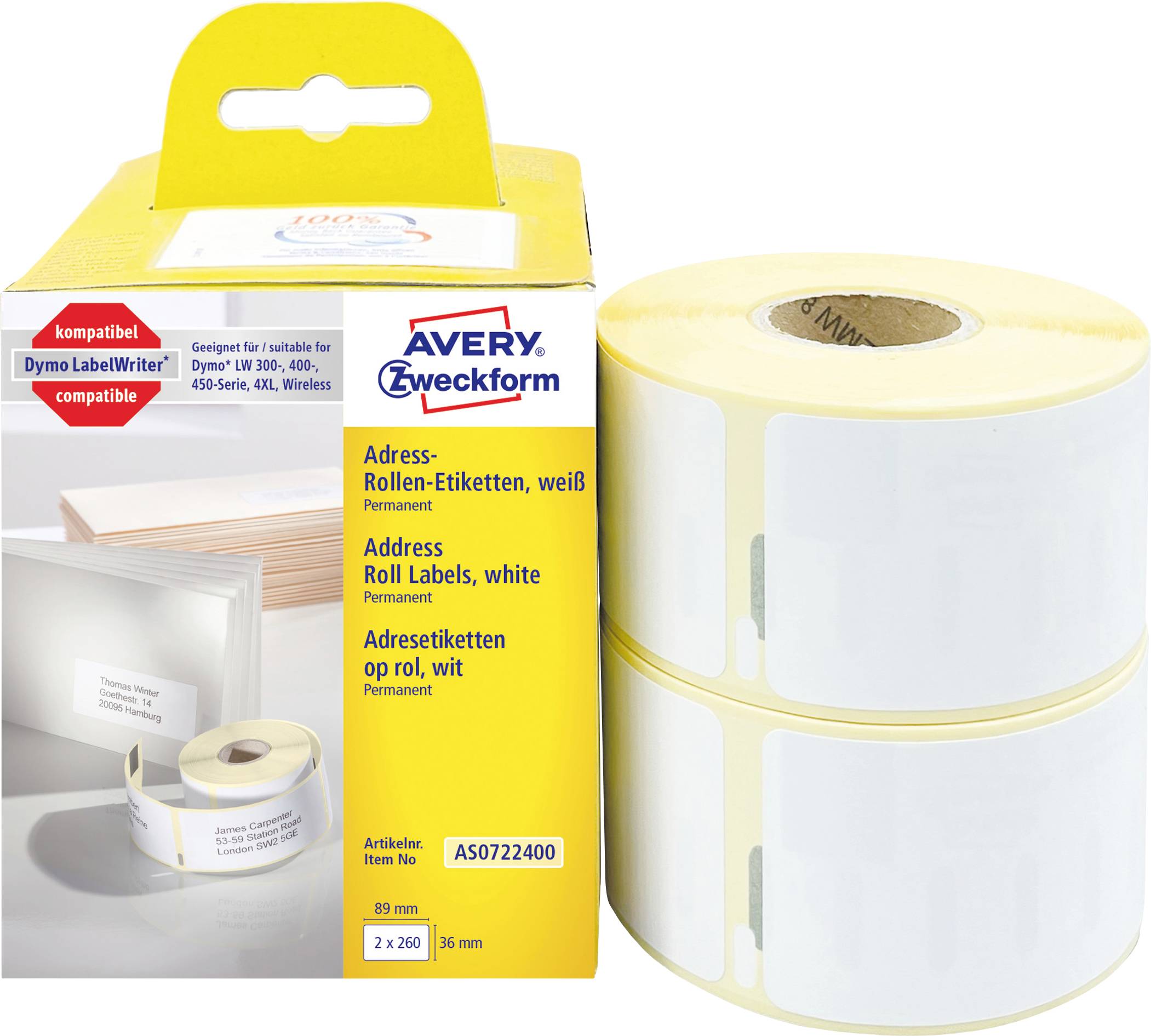 Avery Zweckform adressetiket rollen in een gele doos, met twee witte zelfklevende etikettrollen ernaast afgebeeld.